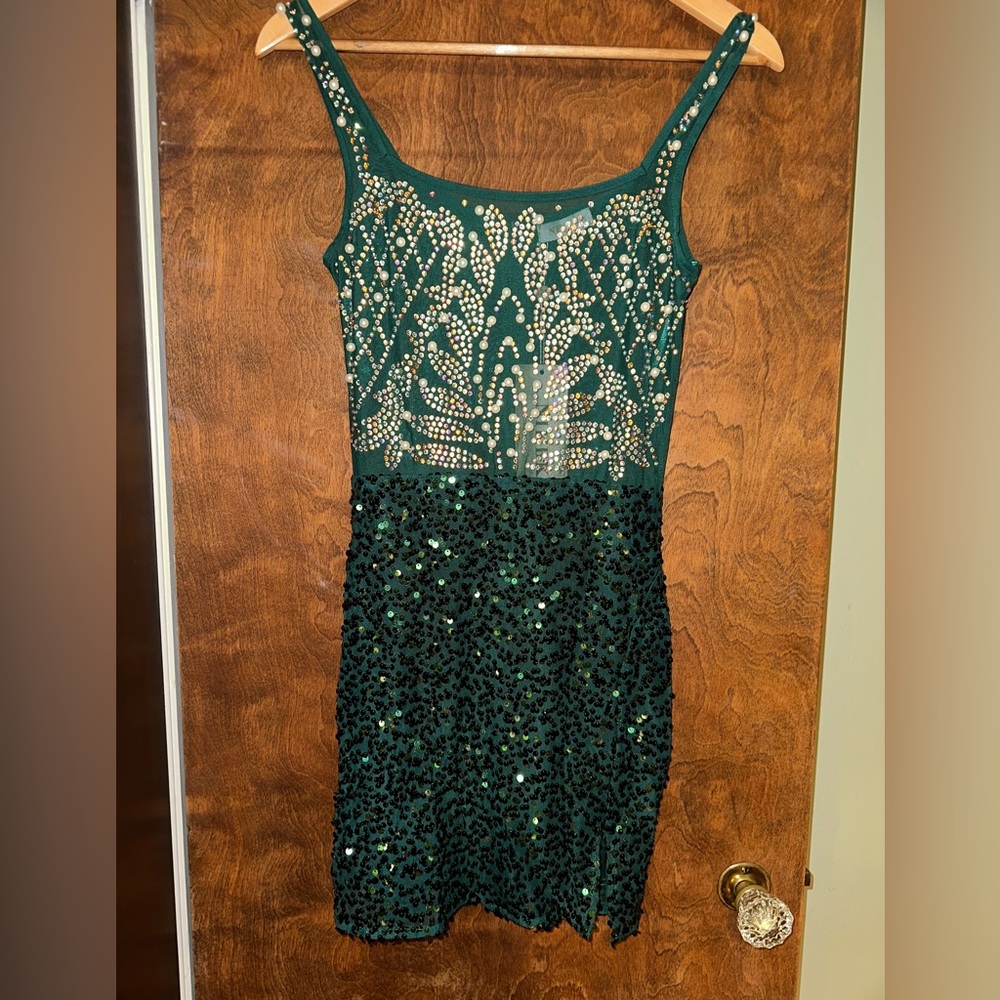 Dark green body con Sequin Dress size small NEW